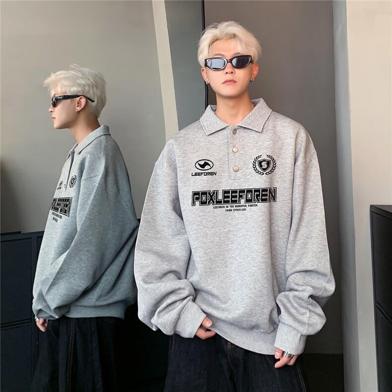 重磅420克复古学院风字母印花长袖polo衫男女秋季宽松卫衣,男装Polo衫,电商C307