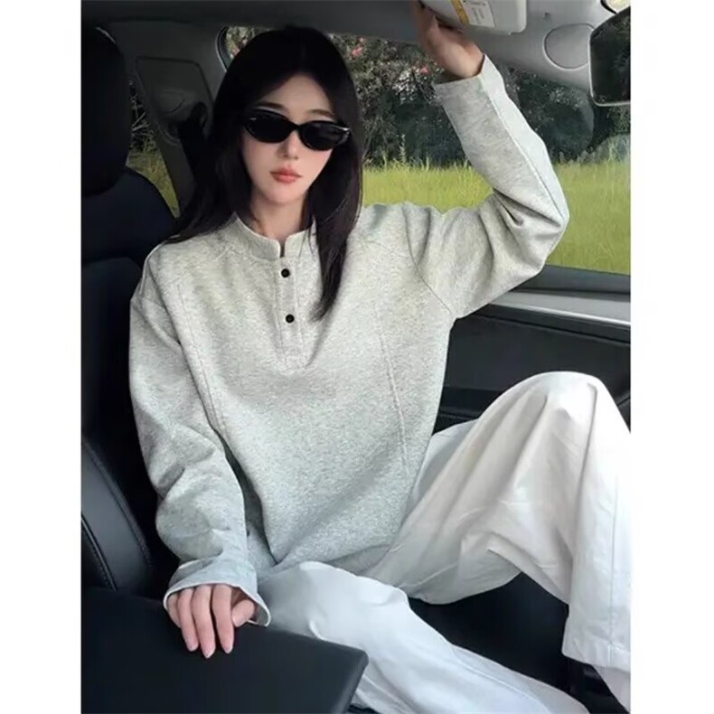 W20-P31美式亨利领长袖t恤体恤衫男春秋季华夫格宽松休闲内搭,男装T恤,电商B323A