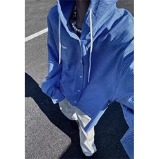 蓝色连帽格子衬衫男款长袖高级感宽松慵懒衬衣春秋外套C2229，男装衬衫，星座1116A（原606A-3）