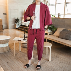 夏季大码风棉麻汉服两件套道袍男女短袖防晒套装TZ01/P85，男装休闲套装，钱塘713
