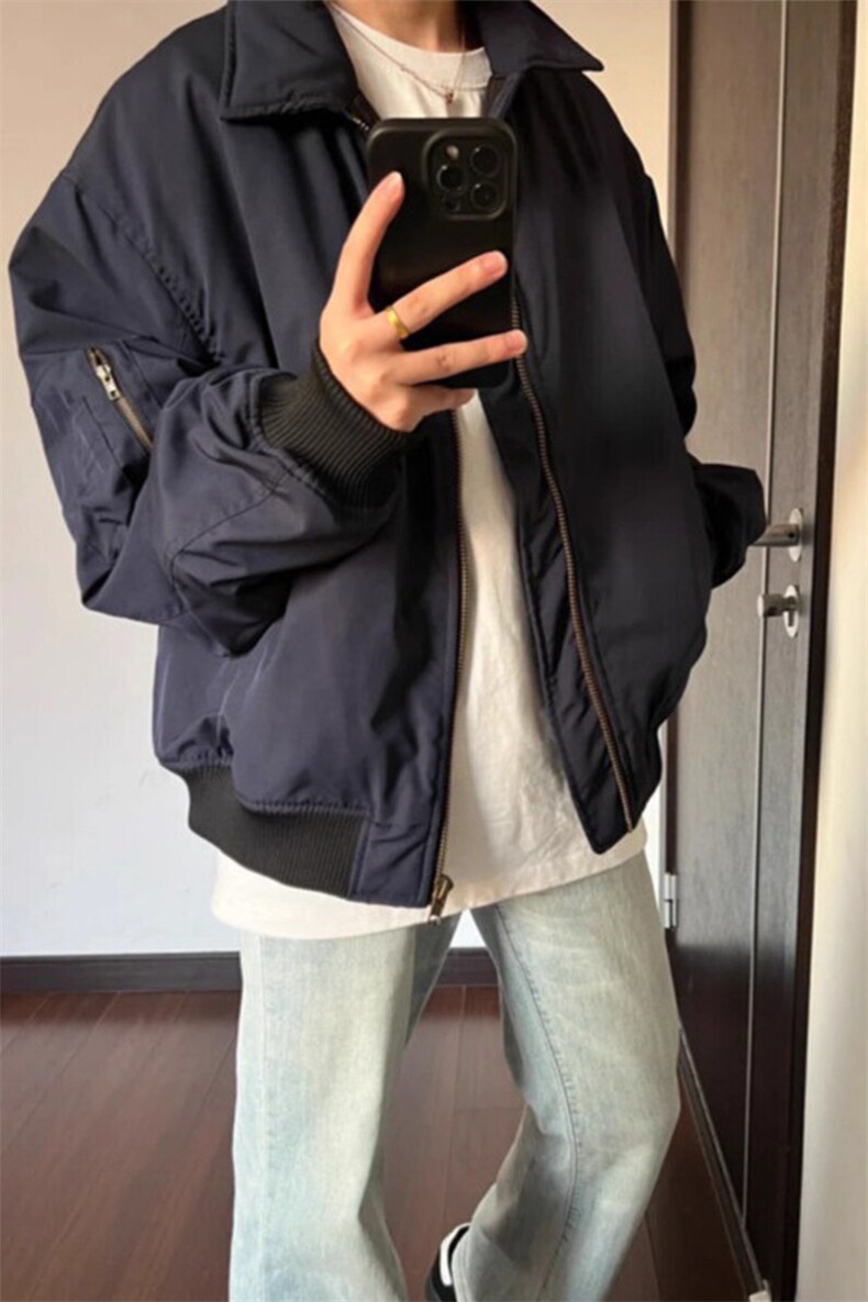 藏青色美式复古飞行员夹克翻领工装外套短款棒球服JK016特P53,男装夹克,星座908-1