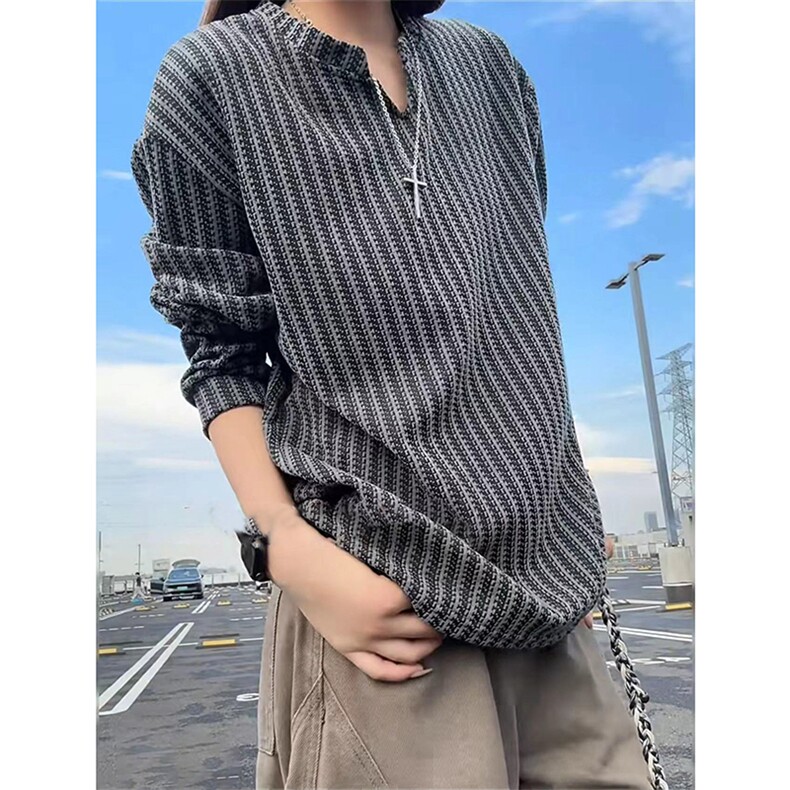 美式高街千鸟格子长袖T恤男女亨利V领英伦雅痞休闲宽松长袖打底衫，男装T恤，电商A443