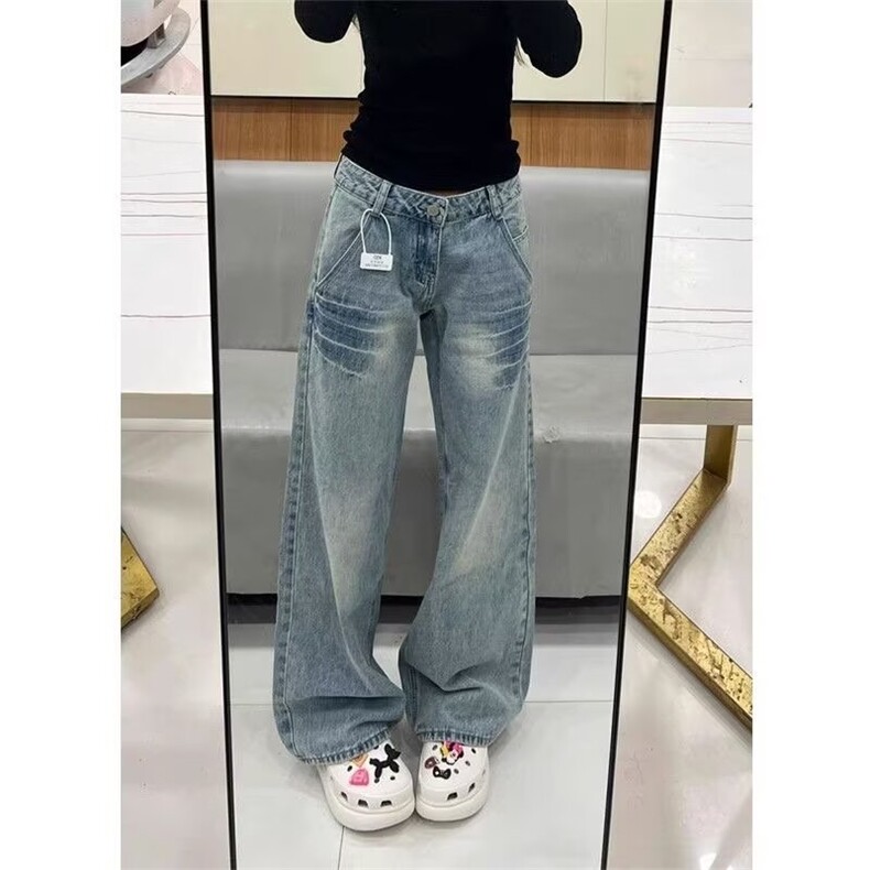 复古微喇叭直筒牛仔裤女秋冬新款高腰大码胖MM宽松显瘦阔腿拖地,男装牛仔裤,星座302B-2