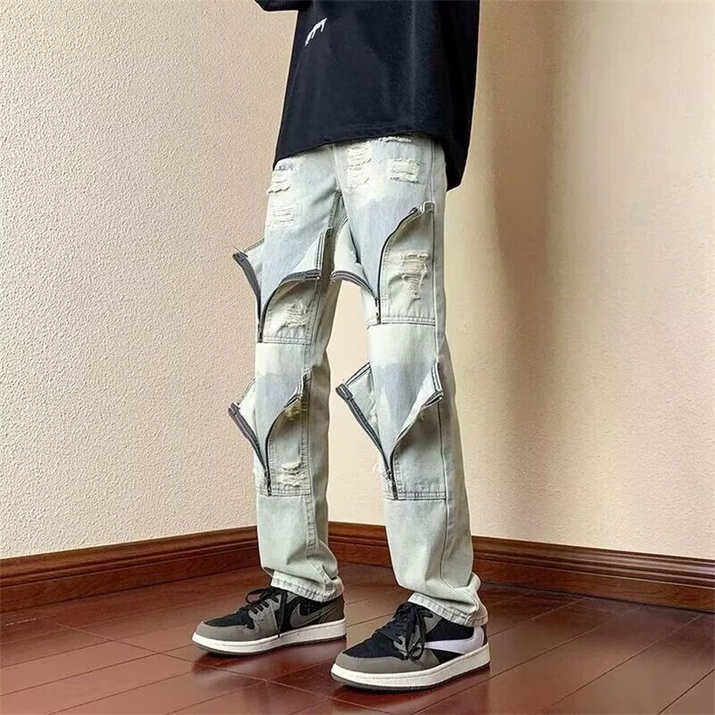 牛仔裤男春秋款潮牌宽松破洞设计感小众水洗做旧工装直筒裤子,男装牛仔裤,星座506A