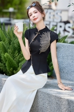 中式国风时尚流行刺绣套装女2025夏日巨好看的唐装阔腿裙裤两件套，女装套装/套裙，玖莱伊