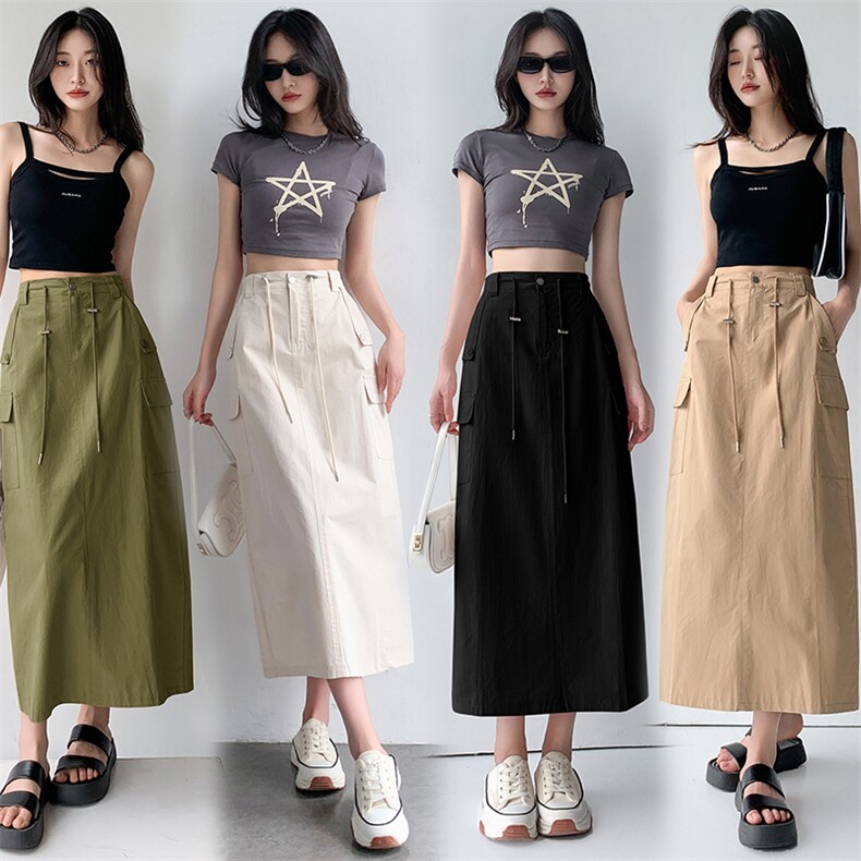 美式抽绳工装半身裙女2024夏季新款复古宽松休闲直筒开叉长裙,女装半身裙,梦白服饰厂