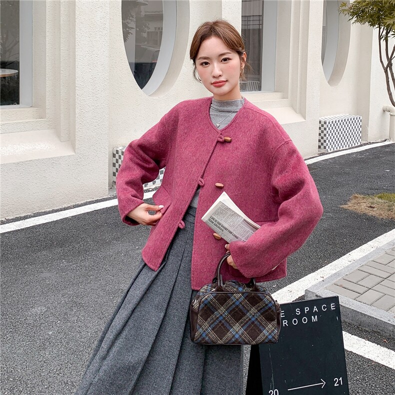 牛角扣玫粉色双面呢羊毛短外套女冬季2025新款小个子流行爆款超火,女装毛呢外套,2C261