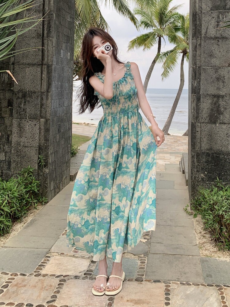 甜美度假风收腰拼接木耳边印花吊带连衣裙女夏2025新绝美长裙及踝,女装连衣裙,浙宝210（原浙宝191）
