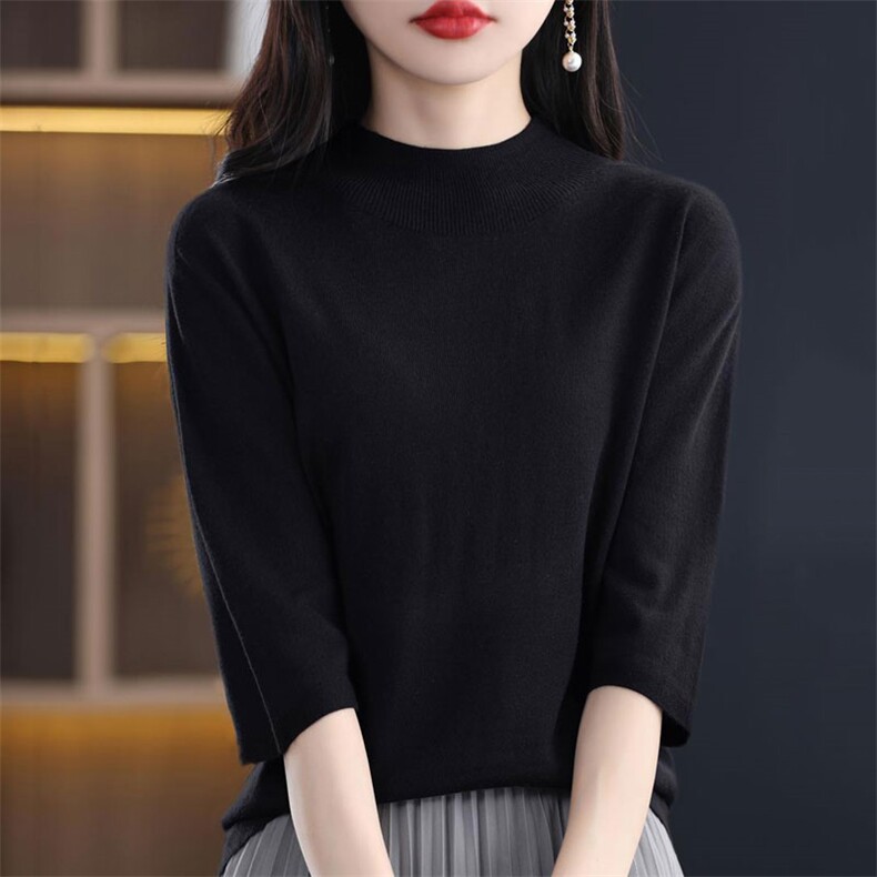 舒适简约女士一线半高领五分袖打底衫,针织衫/毛衣,暖烁羊绒