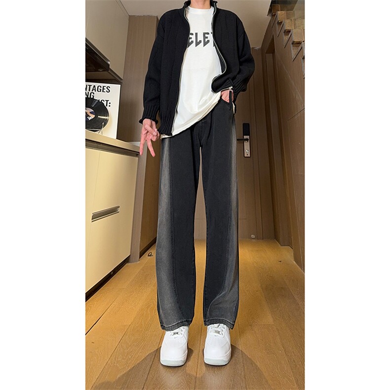 现货黑紫色拼接宽松阔腿直筒撞色休闲牛仔裤男女K5820-P50控78,男装牛仔裤,星座205
