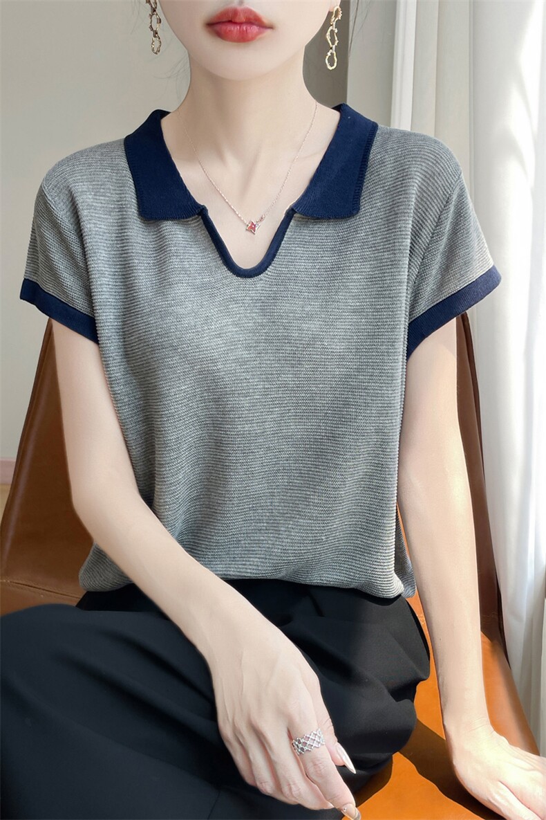 2025夏季新款女天丝苎麻剪刀Polo领拼色短袖圆领套头舒适打底衫,女装T恤,暖姿羊绒