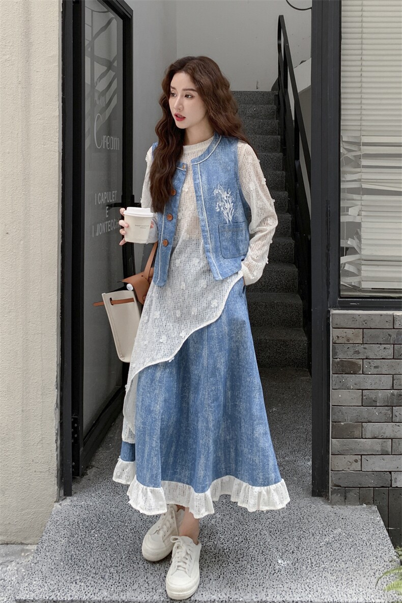 蓝色小清新牛仔提花套装裙女春秋新款小个子显瘦马甲半身裙三件套,女装套装/套裙,秋水欣儿