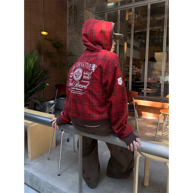 1506/QT6100/P93新款美式复古红色格子宽松刺绣设计休闲连帽卫衣,男装卫衣,星座1506