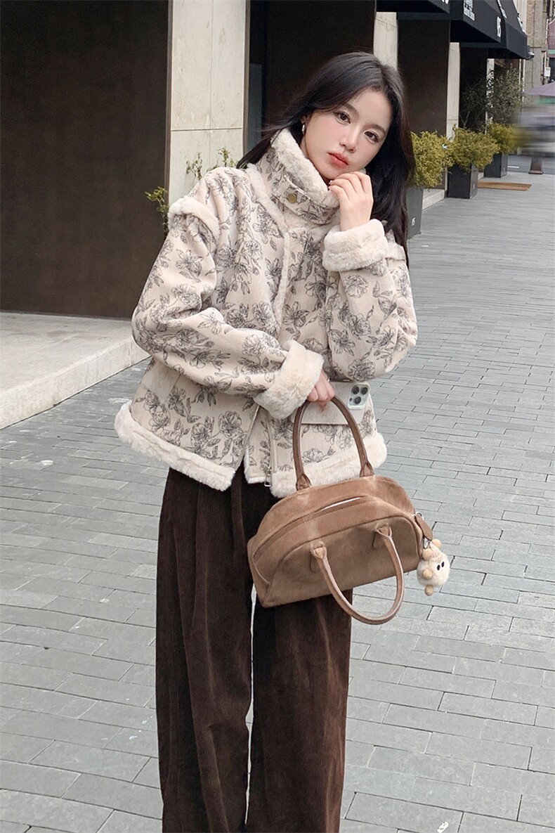 新中式国风印花皮毛一体棉服女2025冬季新款显瘦保暖加厚加绒上衣,女装羊羔毛/颗粒绒,灵力轩
