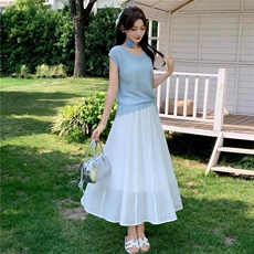 针织网纱半身裙女2026年夏季新款温柔慵懒风小个子韩版短袖两件套，女装套装/套裙，拾衣