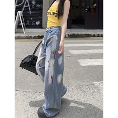 复古涂鸦彩绘直筒牛仔裤男女美式水洗高腰宽松百搭阔腿拖地NZ823，男装牛仔裤，星座1116A（原606A-3）