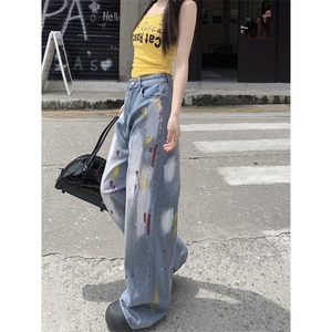 复古涂鸦彩绘直筒牛仔裤男女美式水洗高腰宽松百搭阔腿拖地 NZ823图片
