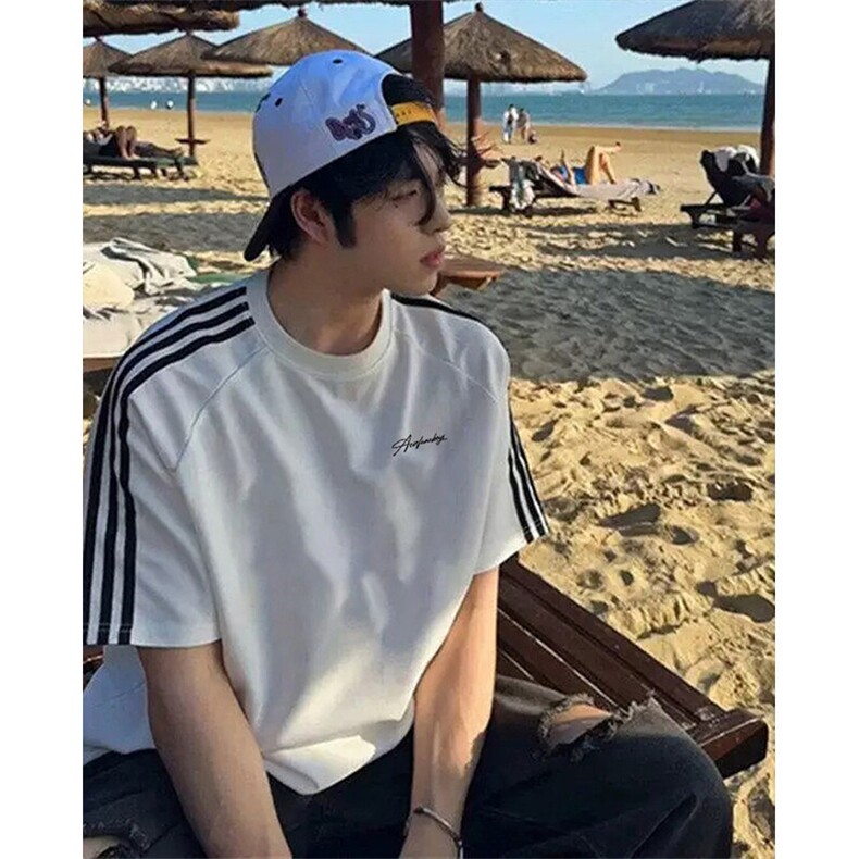 抖音得物高品质二开240克宽松纯棉美式潮牌三条杠织带短袖T恤，男装T恤，电商A486