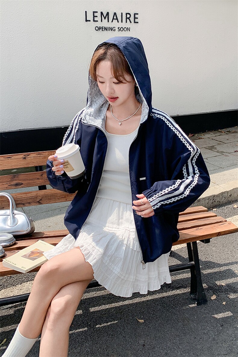 藏青色蕾丝拼接开衫短外套女2025秋季新款小个子减龄休闲连帽夹克,女装防晒衣,2C285
