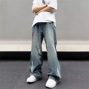 美式高街vibe裤子ins潮牌涂鸦直筒牛仔裤男hiphop破洞裤BN39-p45图片