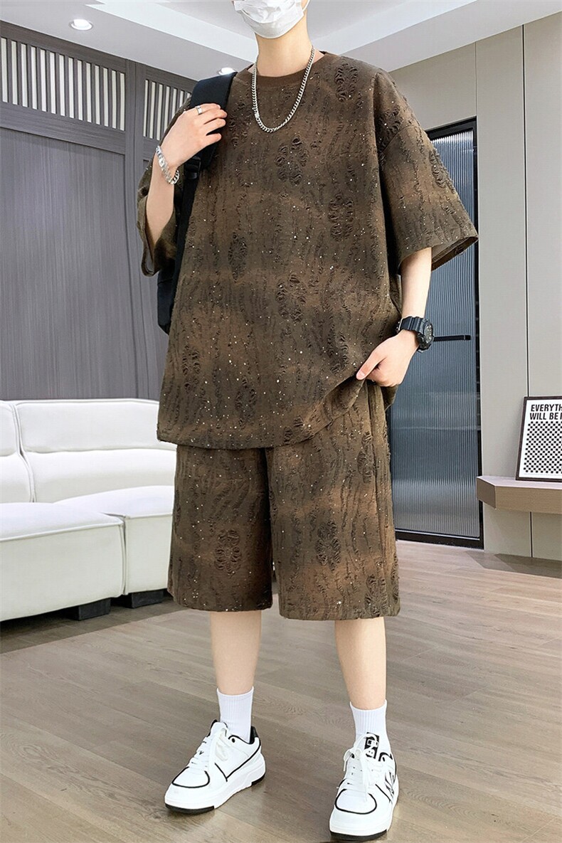 港风套装男扎染满天星圆领宽松休闲短袖T恤短裤套装TZ6630-P55,男装牛仔裤,星座310B-3