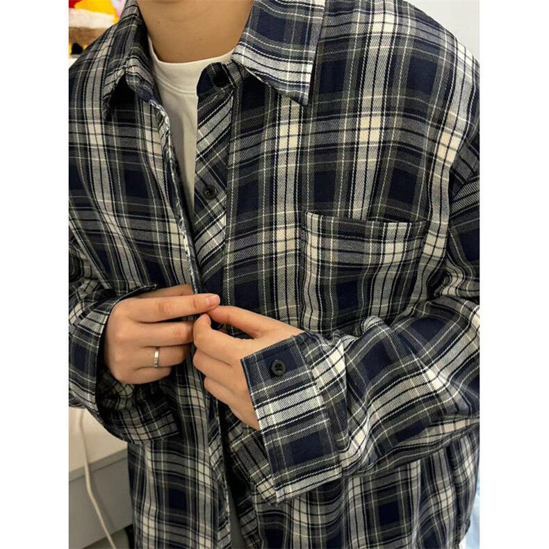 港风格子衬衫男士日系复古潮牌宽松百搭学生长袖衬衣外套CS309,男装衬衫,星座1116A（原606A-3）