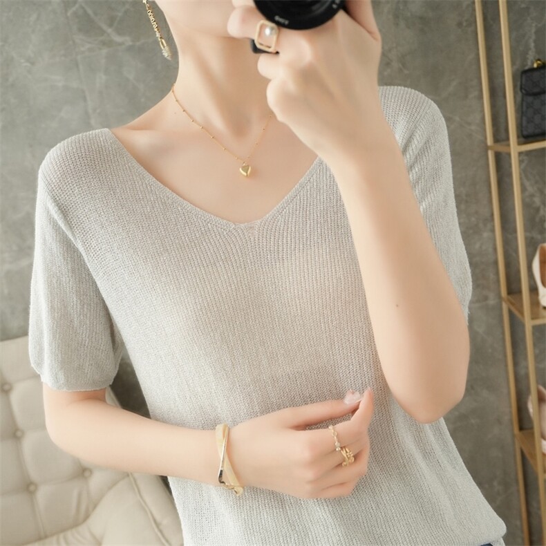 夏薄新款冰丝V领短袖女T恤衫宽松短款亮丝半袖打底衫冰麻针织上衣，女装针织衫/毛衣，暖姿羊绒