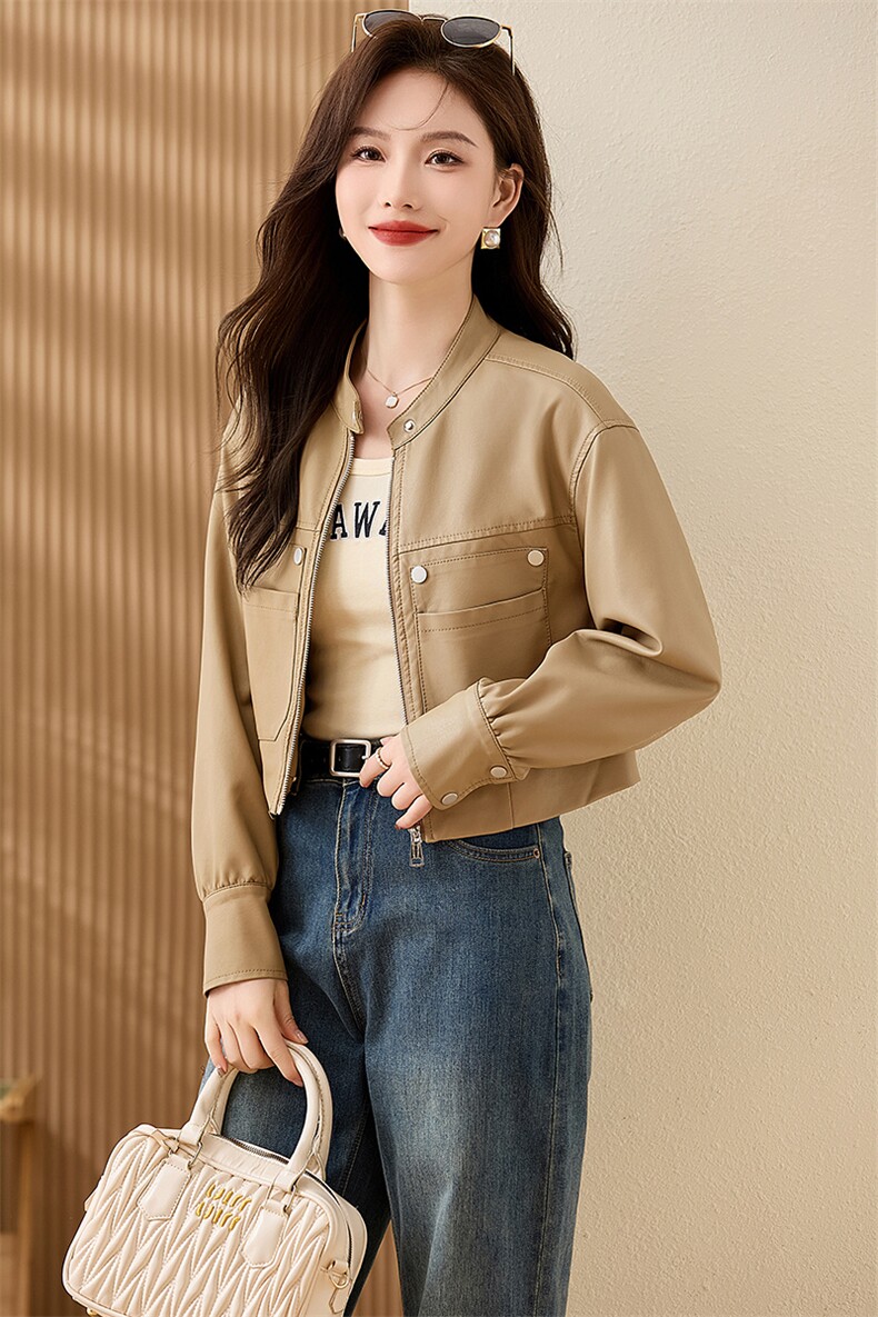 现货复古短款皮衣外套女2024春秋新款PU皮机车服秋季女式皮夹克,女装皮衣,江南女神