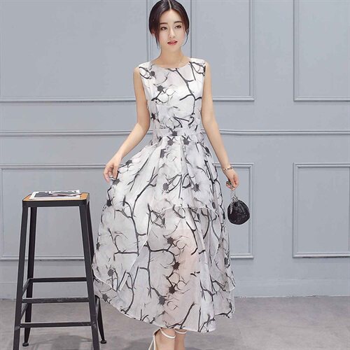 2022年夏季时尚气质简约圆领套头无袖印花中长款，女装连衣裙，卡杰菲