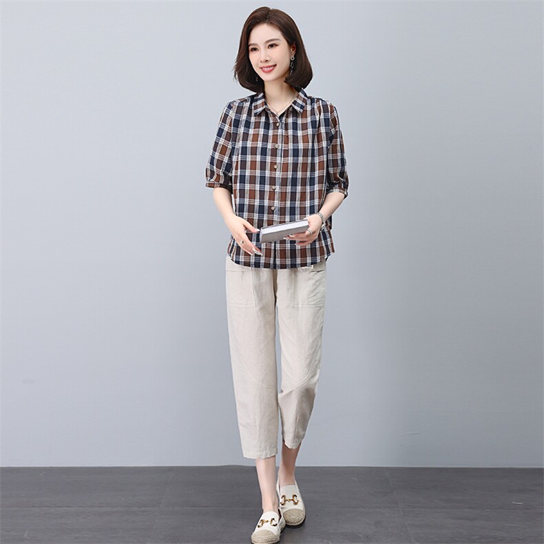 2023年夏装新款潮格子宽松显瘦韩版气质女减龄两件套,女装套装/套裙,独衣靓