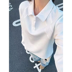 抖音得物高品质美式高街重磅曼巴棉结构螺纹拼接翻领卫衣长袖T恤图片