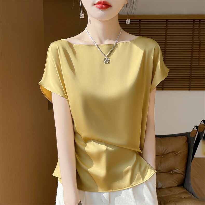 醋酸丝绸真丝缎面女一字领套头宽松短袖25年春夏新款纯色上衣百搭，女装T恤，朝贺羊绒