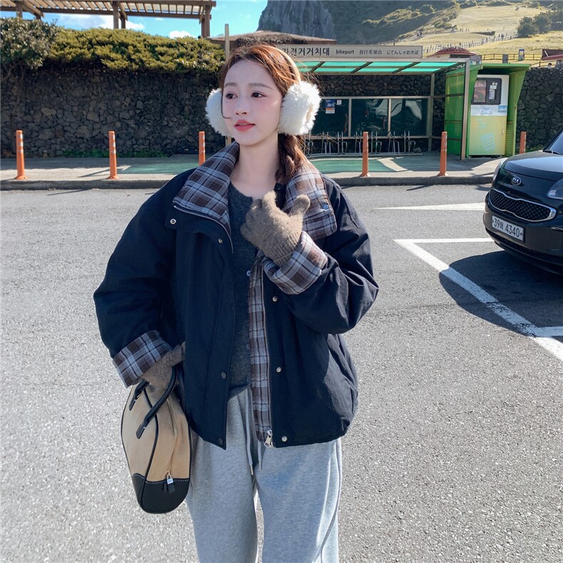 格子拼接保暖棉服R2C086-2595P195K298,女装棉衣/棉服,2C086