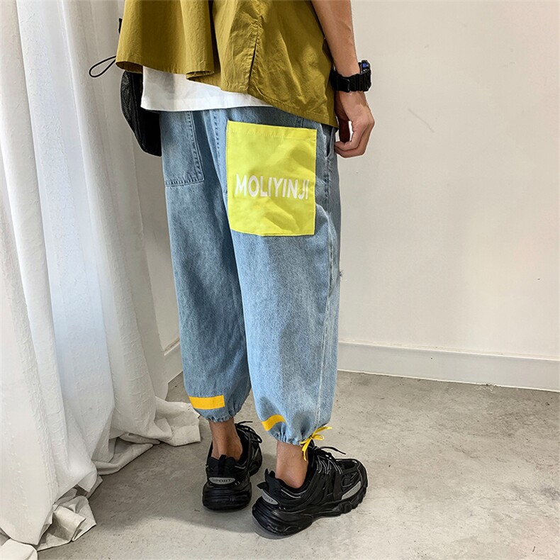 2021新款日系宽松大码破洞九分牛仔裤男直筒港风1008-Q图片