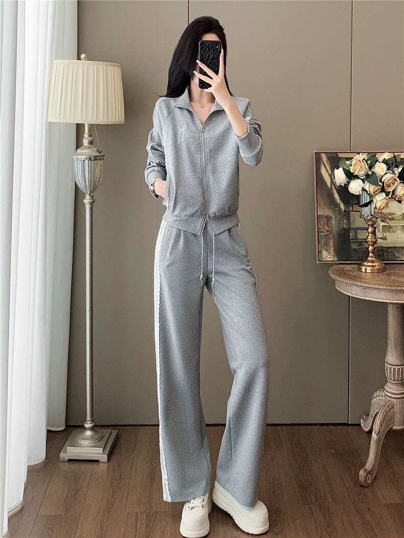 盐系高级感时尚气质套装女初秋新款立领拼接长袖上衣阔腿裤两件套,女装套装/套裙,江南