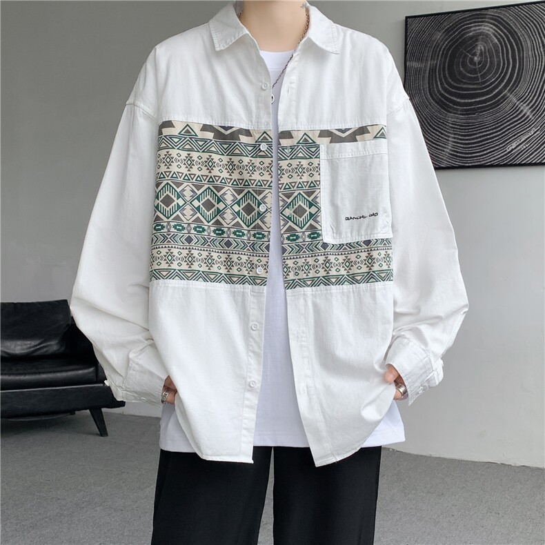 纯棉高品质全棉长袖拼接民族风衬衫男工装衬衣,男装民族服装,电商A426-1(原A430-1)