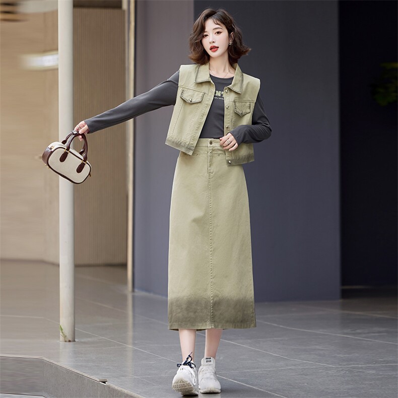 粉色渐变色牛仔上衣套装女春秋2025新款韩系甜美减龄半身裙两件套,女装套装/套裙,慕依路