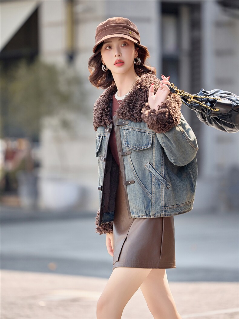 独特超好看羊羔毛拼接牛仔棉衣女2025冬新款夹棉加厚保暖棉服外套,女装短外套,印象茜