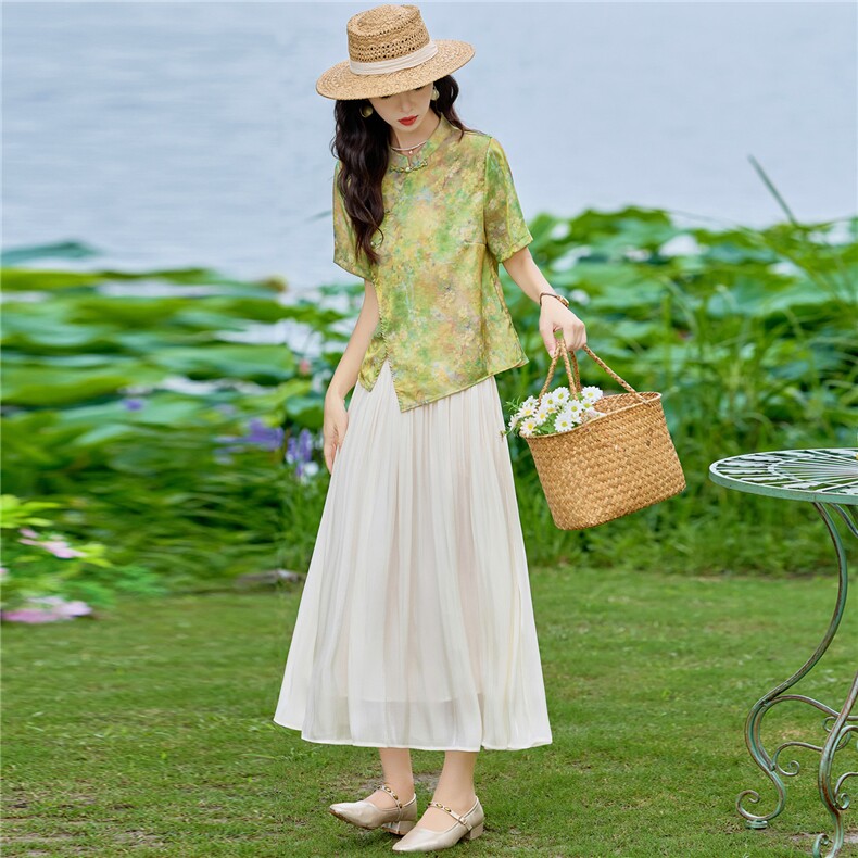现货2026年夏季新款中式时尚两件套装女小衬衫T恤加纱幕半身裙女,女装套装/套裙,璐依舞