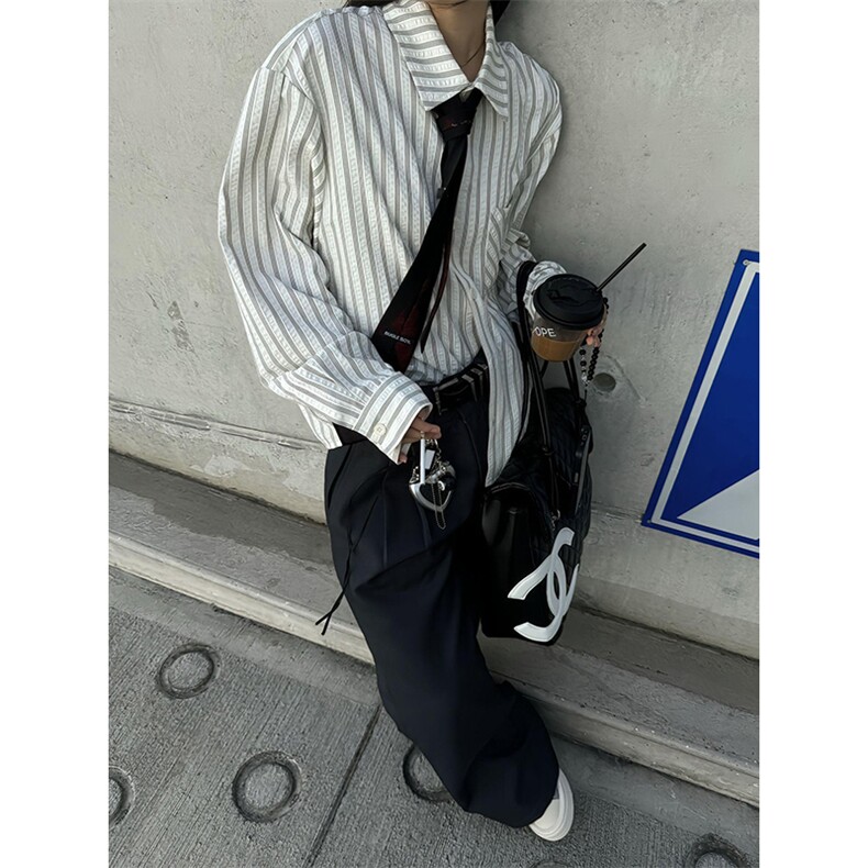 美式潮牌高街复古泡泡纱竖条纹日系肌理长袖衬衫男女休闲宽松衬衣图片