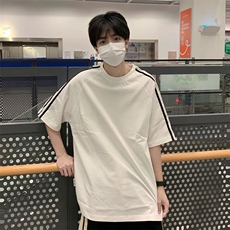 抖音得物高品质二开240克宽松纯棉美式潮牌三条杠织带短袖T恤，男装T恤，电商A486