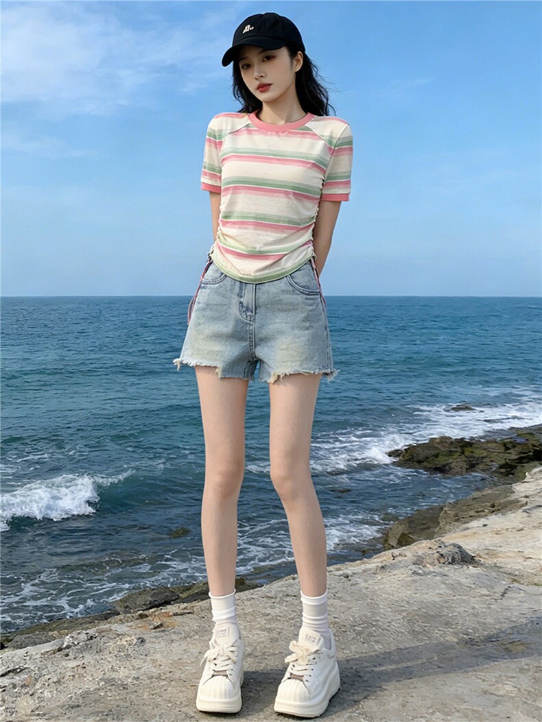 女夏季新款韩版运动休闲套装修身显瘦圆领条纹短袖牛仔短裤两件套,女装套装/套裙,江南