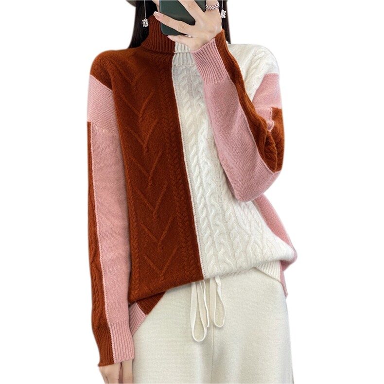 2025年冬新款高领羊毛衫女士气质宽松拼色扭花上衣打底衫,女装羊毛衫,邦太羊绒