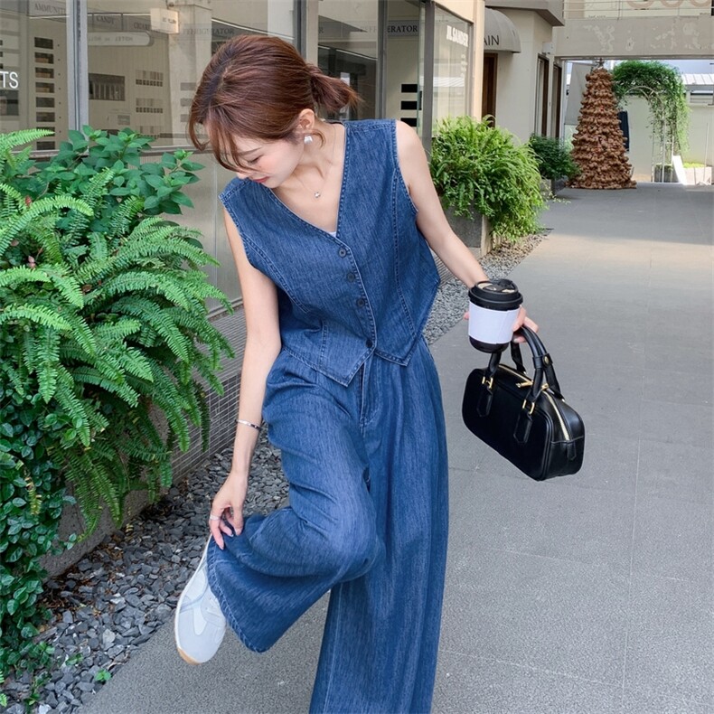 复古港风高级感休闲气质牛仔套装女夏季2025新款马甲阔腿裤两件套,女装套装/套裙,2C159