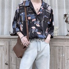 2022夏季短袖衬衫宽松韩版印花衬衣潮XZ518-2-CY07，男装衬衫，四季星座518-2