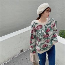 价ins马海毛磨毛质感花朵宽松软糯圆领套头毛衣，女装针织衫/毛衣，潮品会
