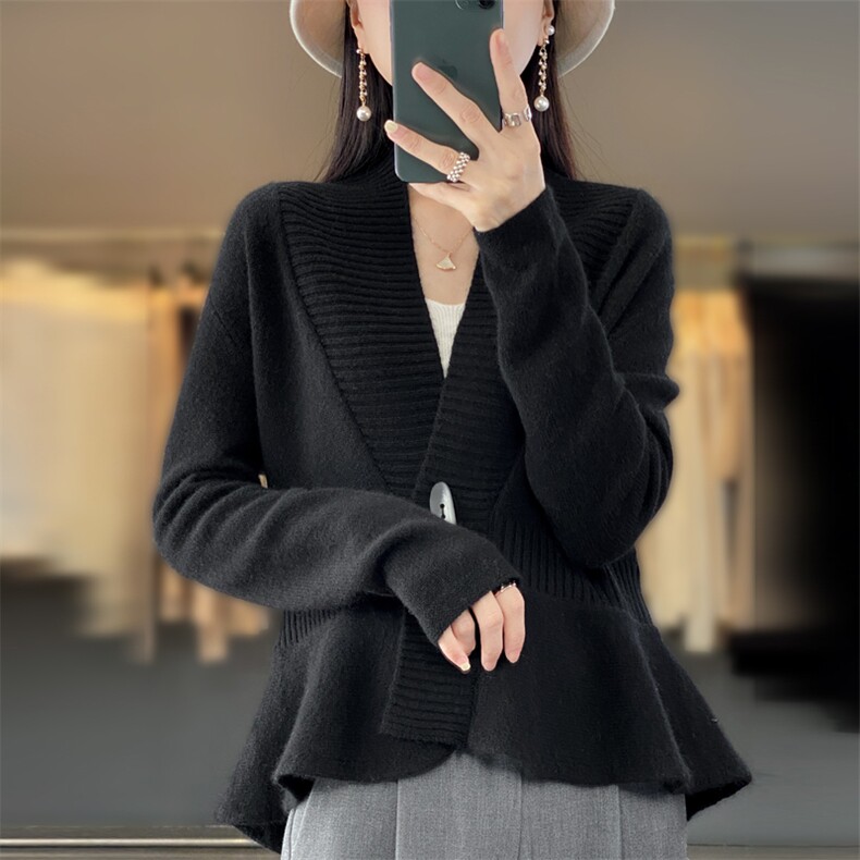 洋气荷叶边纯羊毛开衫女春毛衣针织外套红色短款披肩外搭羊绒上衣,女装羊毛衫,鹿一羊绒