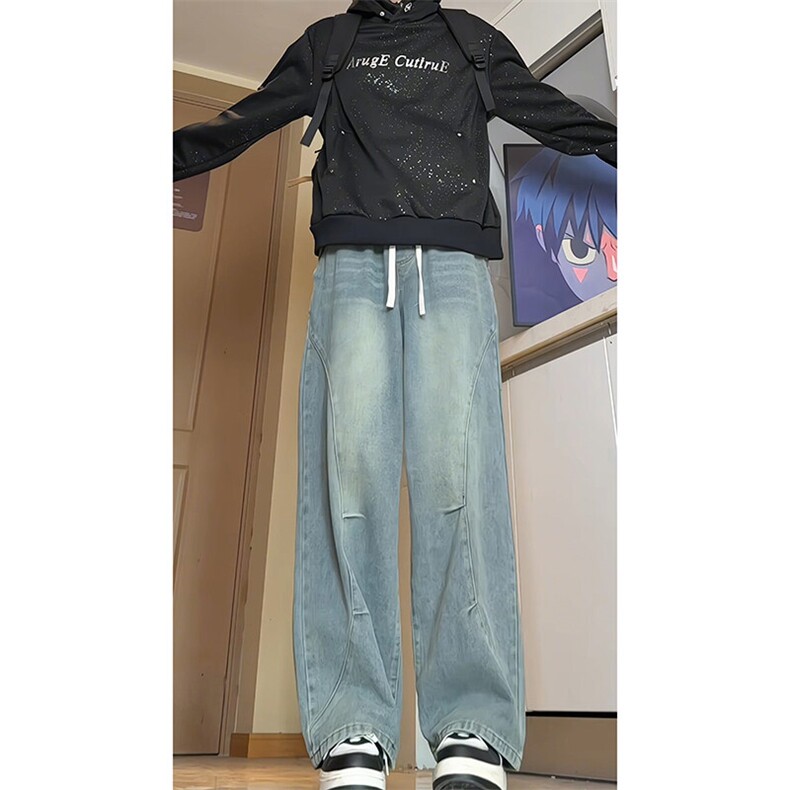 水洗弯刀牛仔裤男2025春季新款拼接设计感直筒裤子-A1427TP48控88图片