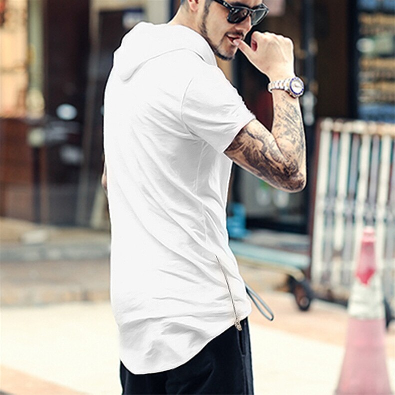 新款外贸欧美纯色侧拉链卫衣男下摆圆弧嘻哈风男士卫衣短袖潮，男装T恤，星座1705-1