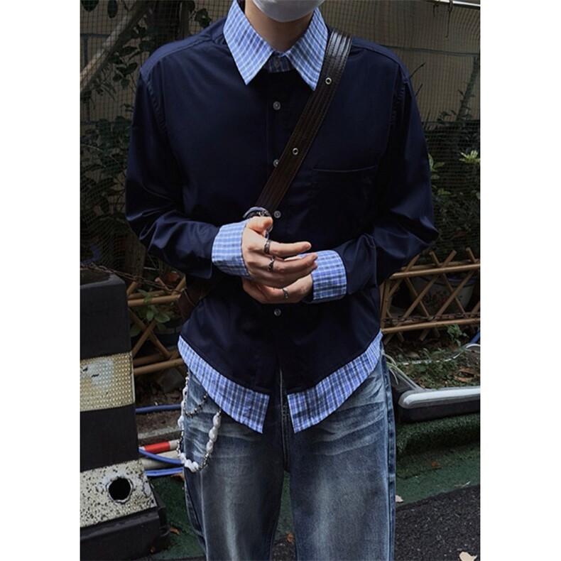 藏蓝格纹假两件拼接衬衫长袖上衣cleanfit休闲系休闲男 THJ94图片